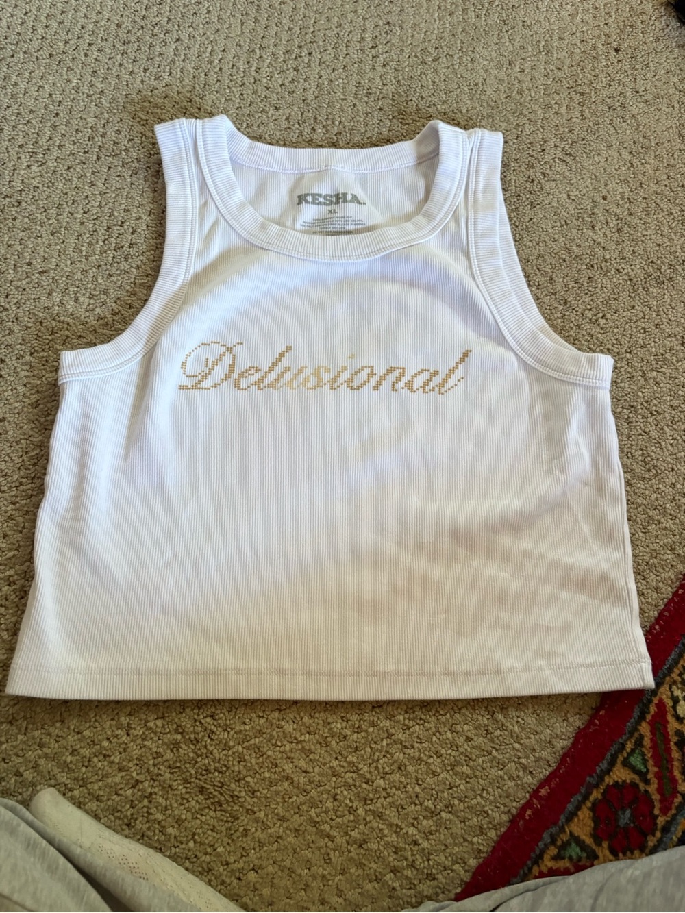 White 'Delusional' Ribbed Tank Crop Top